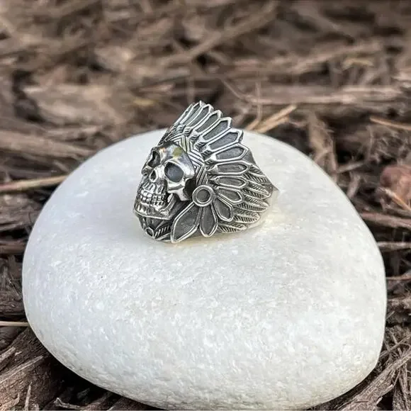 Mens Biker hotrod sterling silver native American chief indian skull ring size 9 - Picture 3 of 5